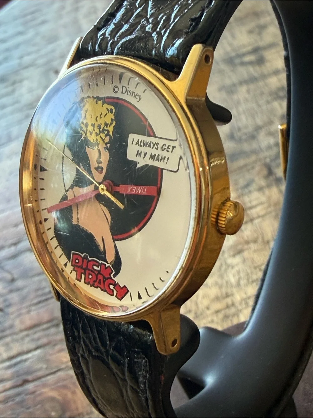 Vintage Timex Dick Tracy Comic Dial Watch with Black Strap and Gold Case 32.5mm
